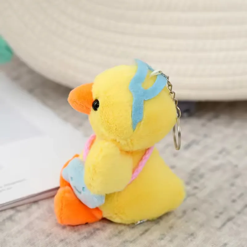 Side view of the yellow duck backpack charm plush showing blue cap and hanging ring