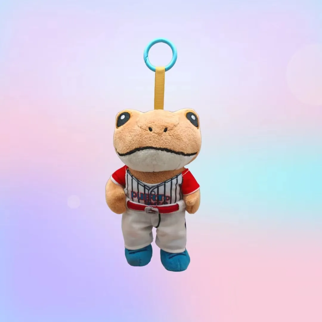 Frog plush keychain in a red-and-white baseball outfit with blue shoes and hanging loop