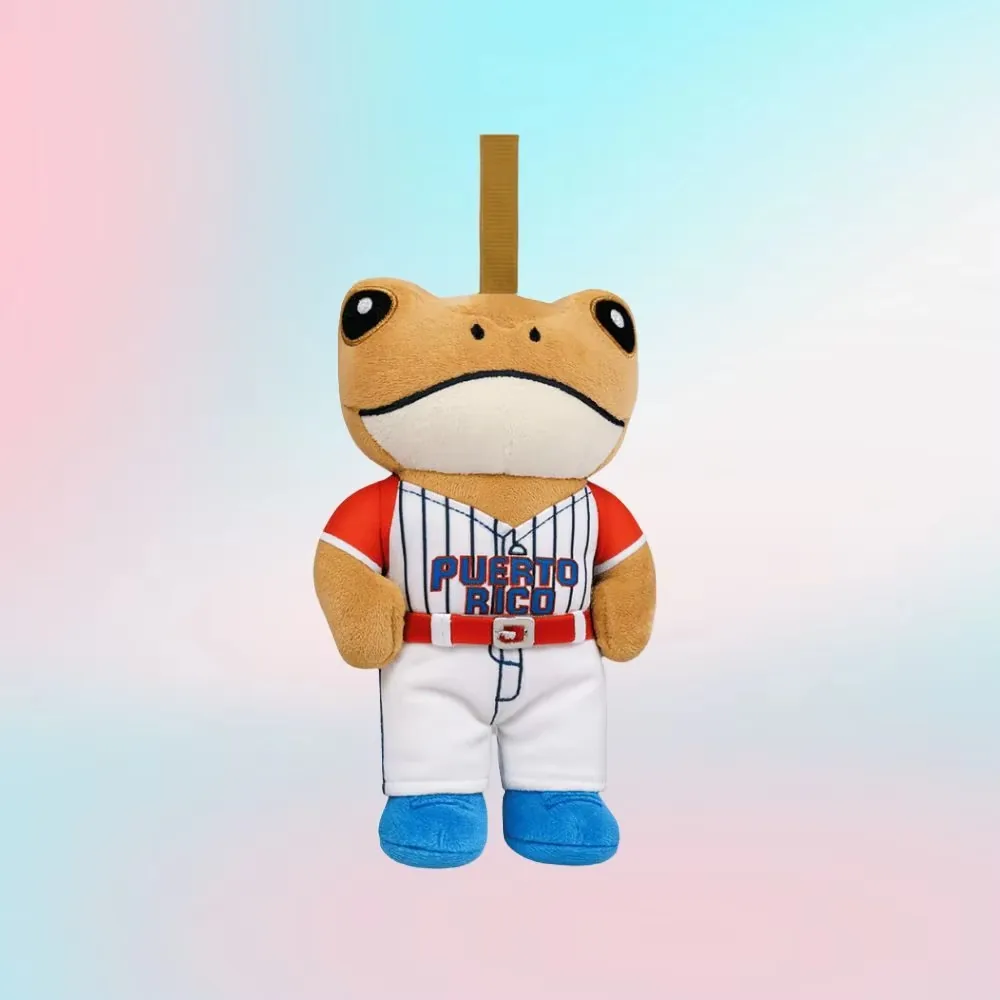 Frog plush keychain wearing a striped baseball uniform with Puerto Rico text