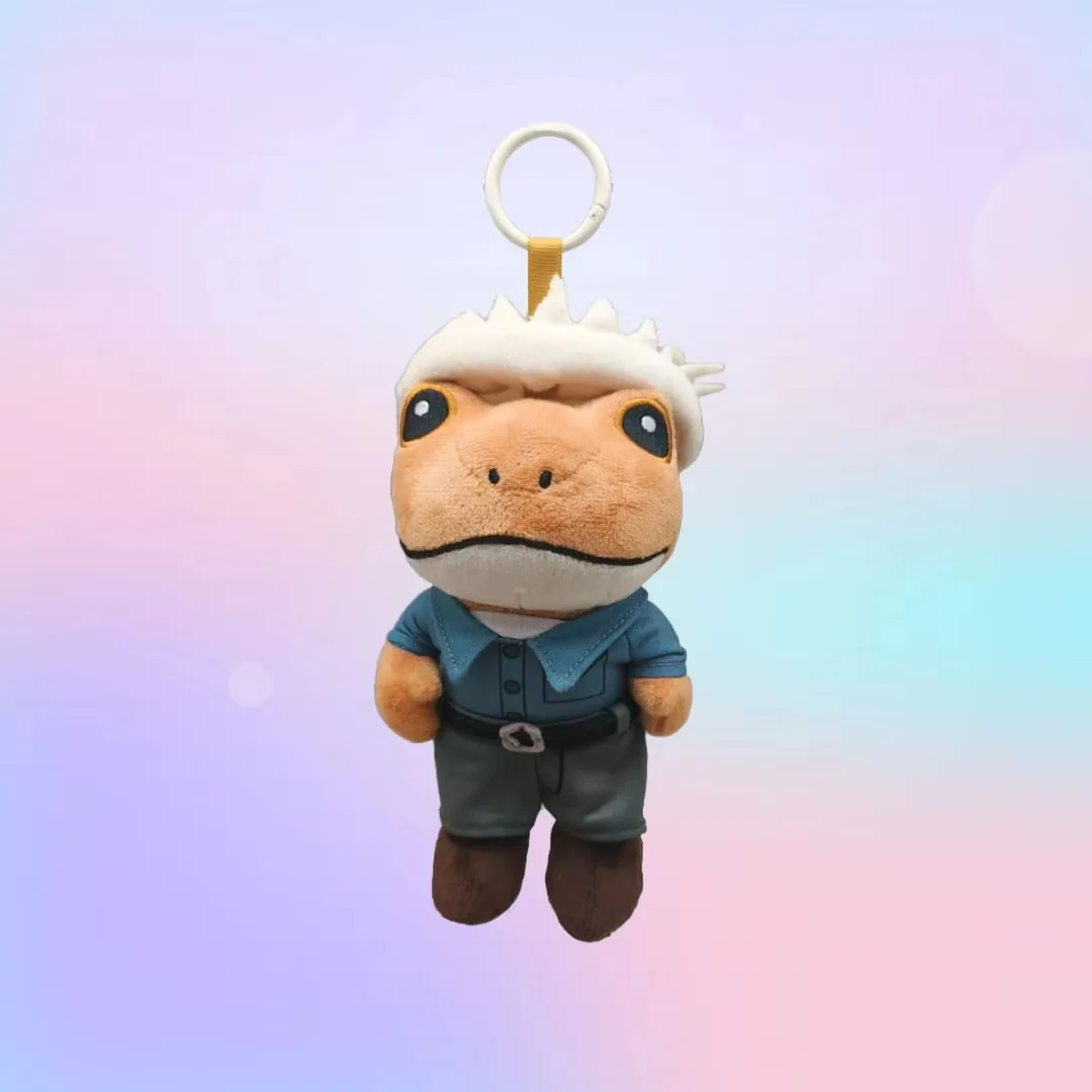 Frog plush keychain with a white hairpiece, blue shirt, dark pants, and brown boots