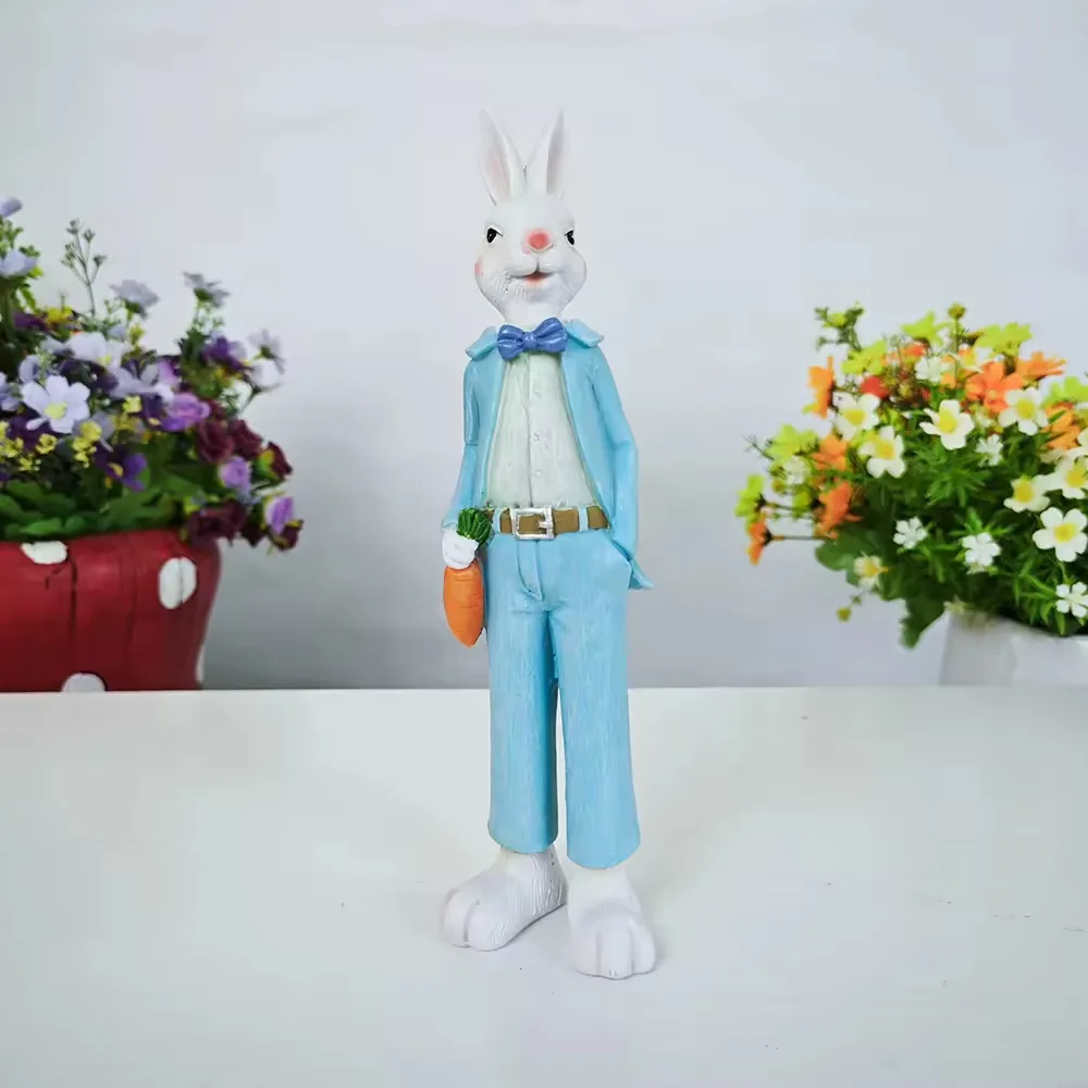 Hand-painted resin rabbit figurine in a blue suit holding a carrot for Easter tabletop decor and spring gifting