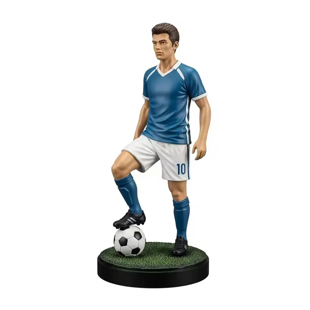 Resin football star commemorative figurine in a blue number 10 kit standing on a turf-textured base