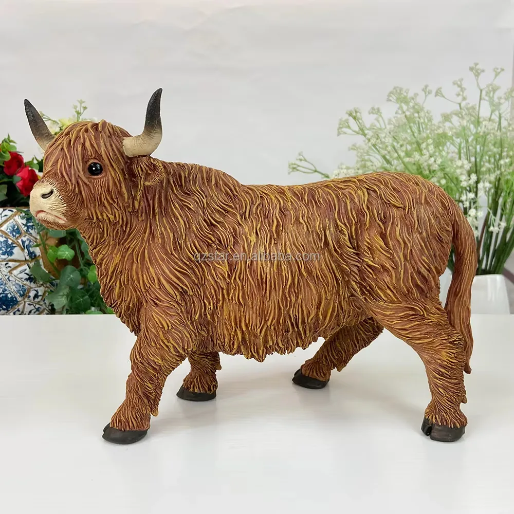 Hand-painted brown resin Highland cow figurine with long shaggy coat and curved horns for garden decor and gift displays