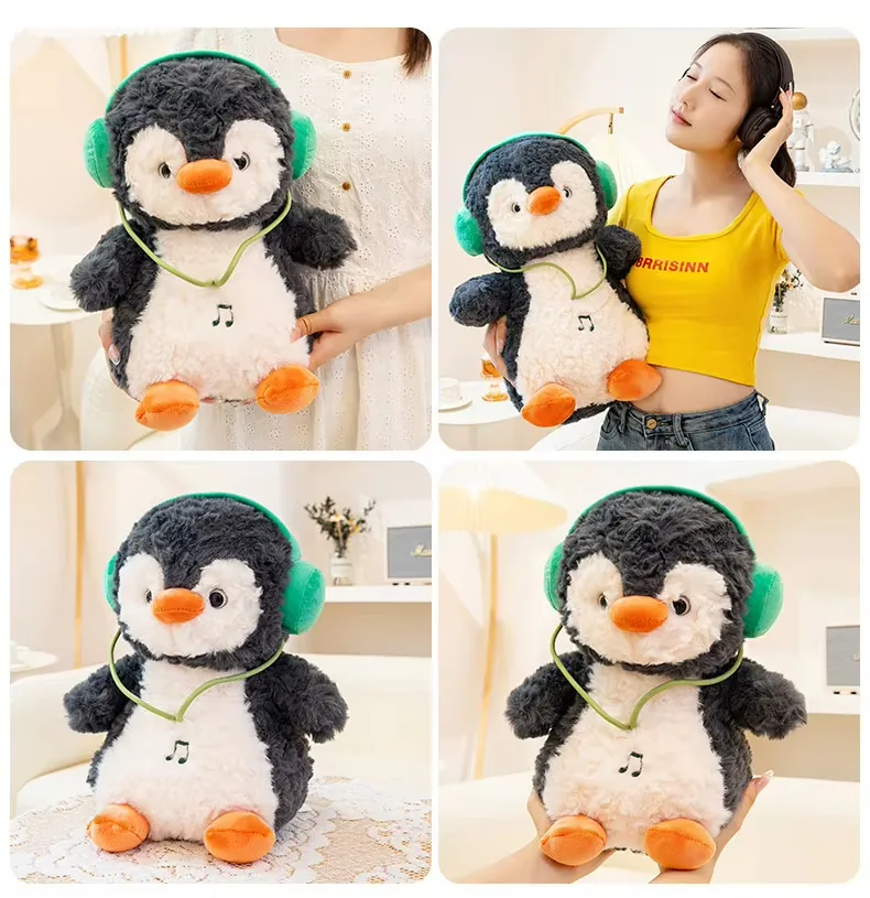 Lifestyle collage showing the headphones penguin plush doll in hand, on a table, and in a casual room setting
