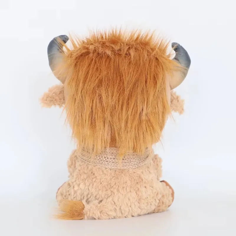 Back view of single highland cow plush doll showing long brown hair curtain, scarf wrap, and tail placement