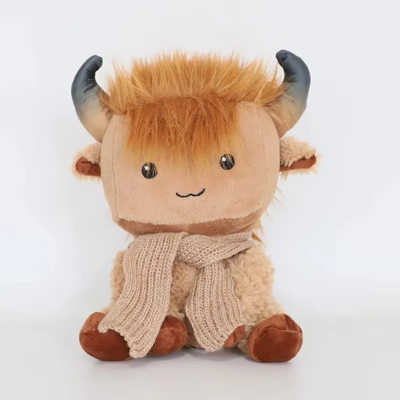 Single highland cow plush doll with square face, ginger shaggy hair, soft cream body, and beige knit scarf