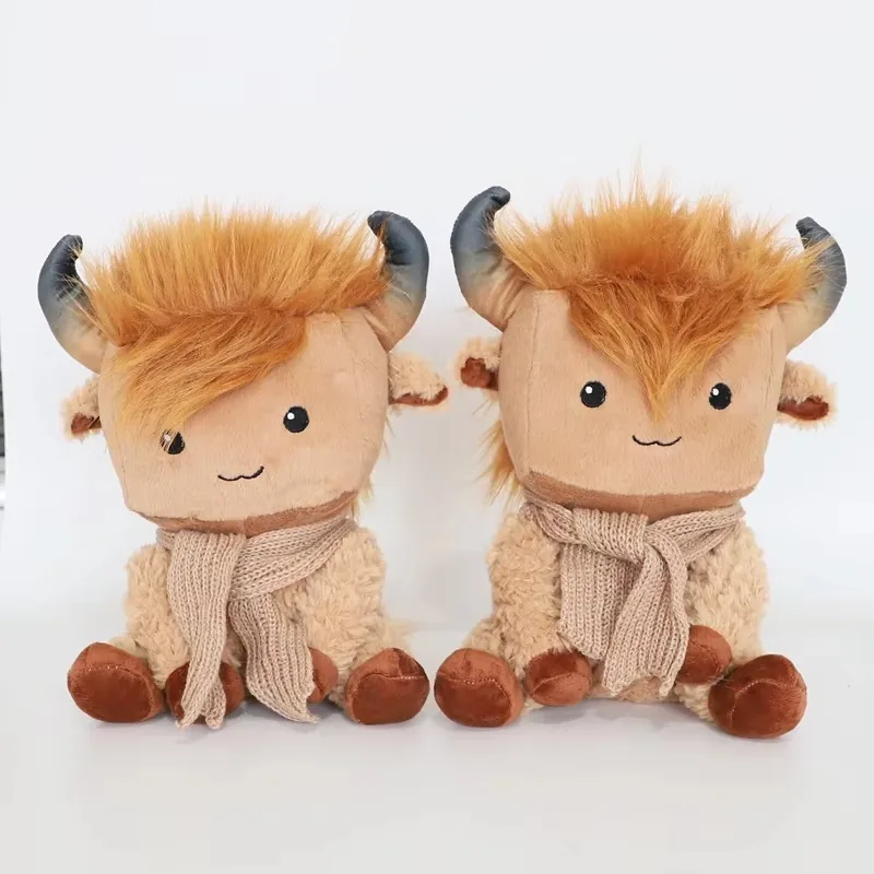Two highland cow plush dolls displayed side by side with square faces, shaggy brown fringe, grey horns, and knit scarves