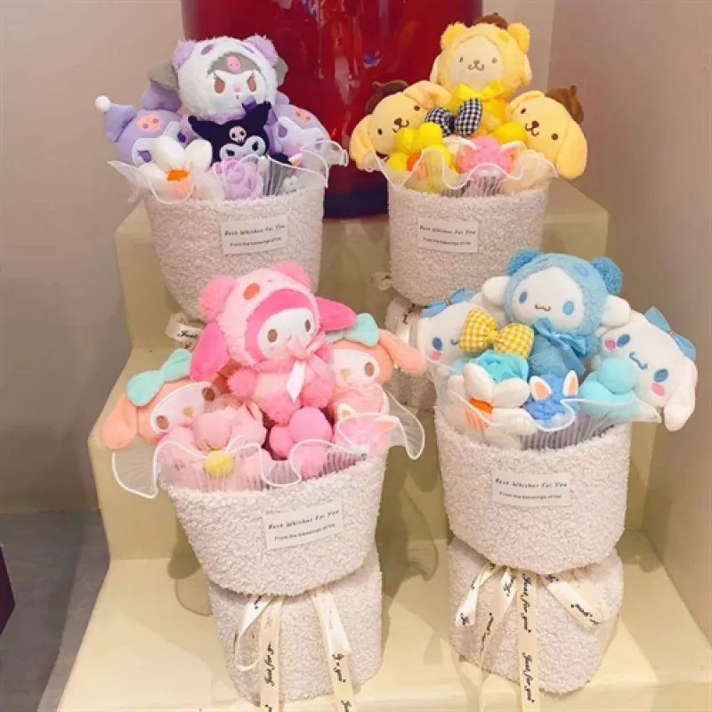 Four character plush bouquets displayed together on steps for seasonal retail presentation