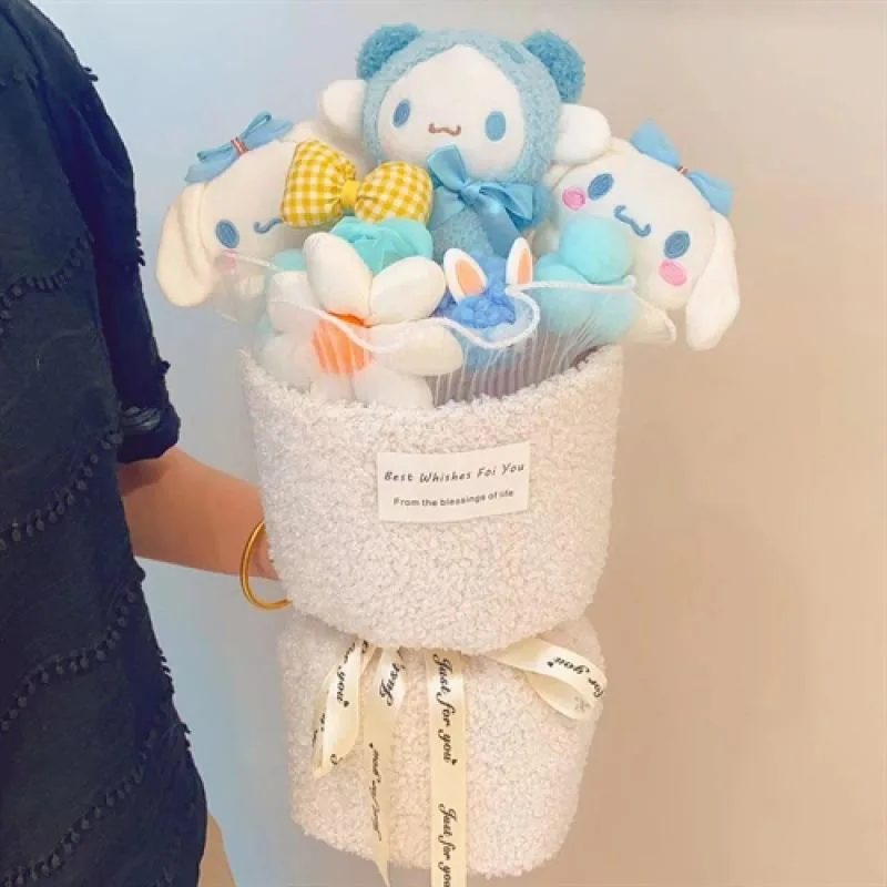 Blue Cinnamoroll plush bouquet with pastel bow accents and cream wrap