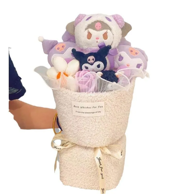 Purple Kuromi plush bouquet with lavender flowers and cream wrap held for scale