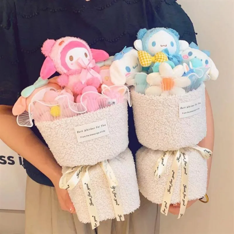 Pink My Melody and blue Cinnamoroll plush bouquets shown side by side