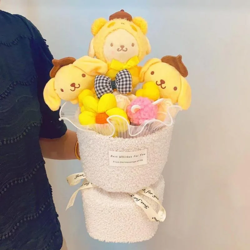 Yellow Pompompurin plush bouquet with ribbon bow and daisy-style accents