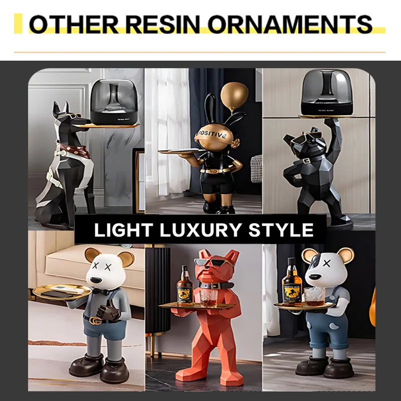 Light luxury resin tray ornament lineup with geometric dog, bear, and character sculptures carrying small serving trays