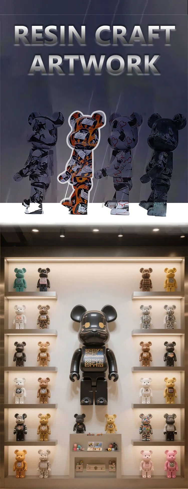 Display wall with oversized black bearbrick-style resin sculpture surrounded by smaller art figures in multiple finishes