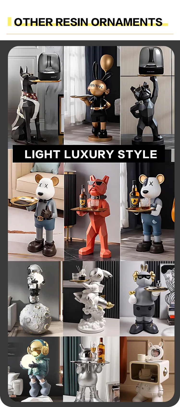 Collage of geometric resin tray ornaments, astronaut sculptures, dog statues, and bearbrick-style decor pieces in a modern interior palette