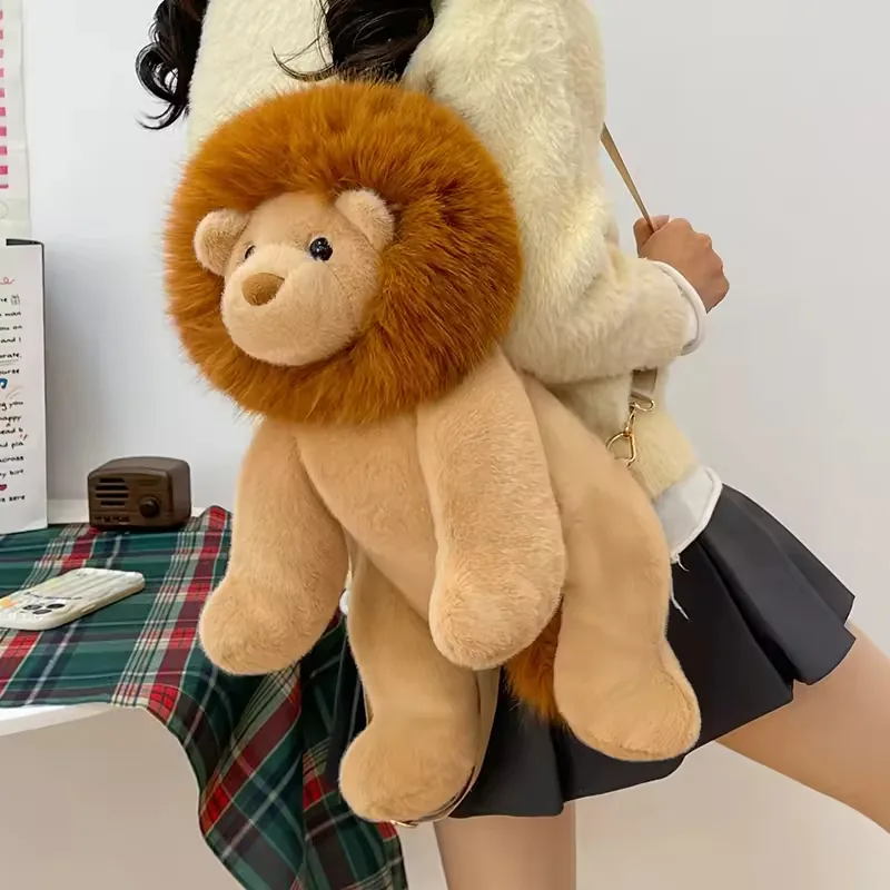 Side angle of lion plush backpack bag worn over the shoulder showing body depth and hanging legs