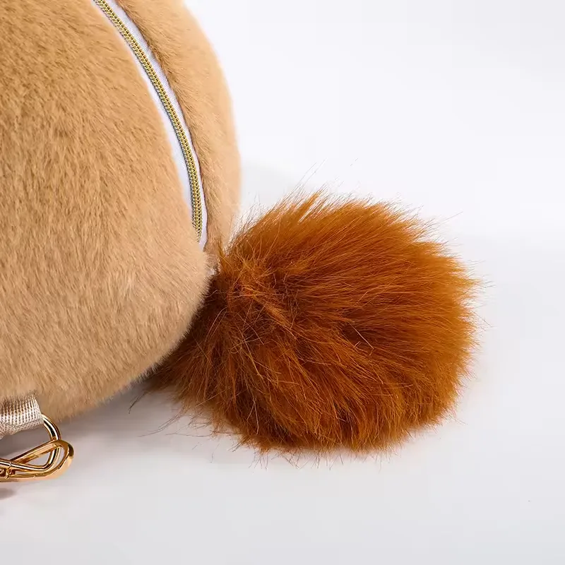 Fluffy brown lion tail detail attached to the lower back of the plush backpack bag