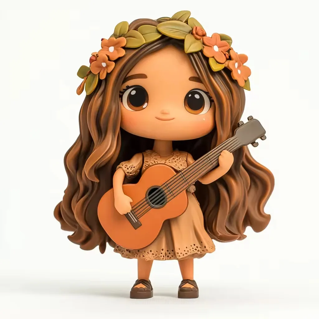 Mini 3D printed girl anime figure with large brown eyes, tan dress, leaf crown, and acoustic guitar