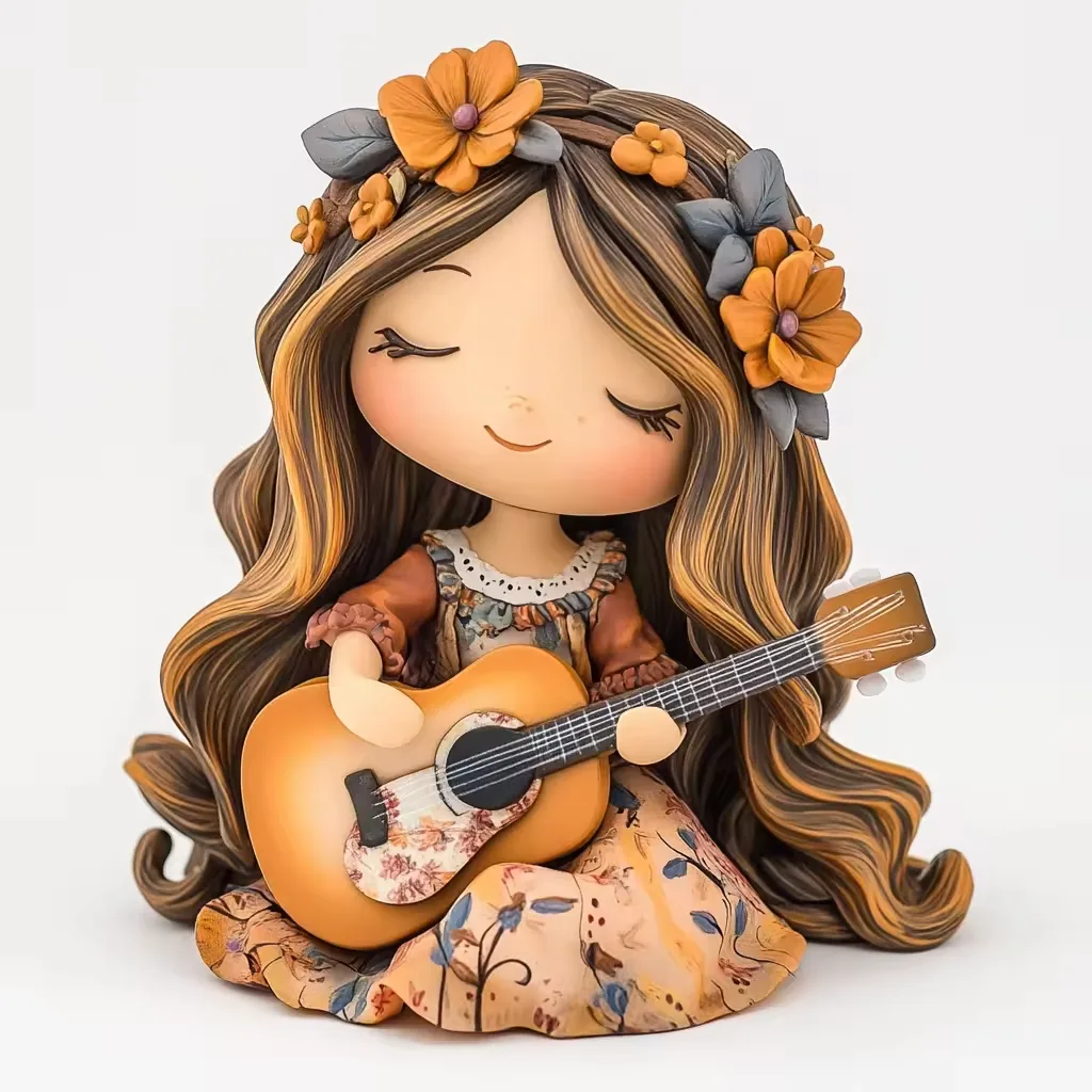 Mini 3D printed girl anime figure seated with orange floral crown, printed dress, and acoustic guitar