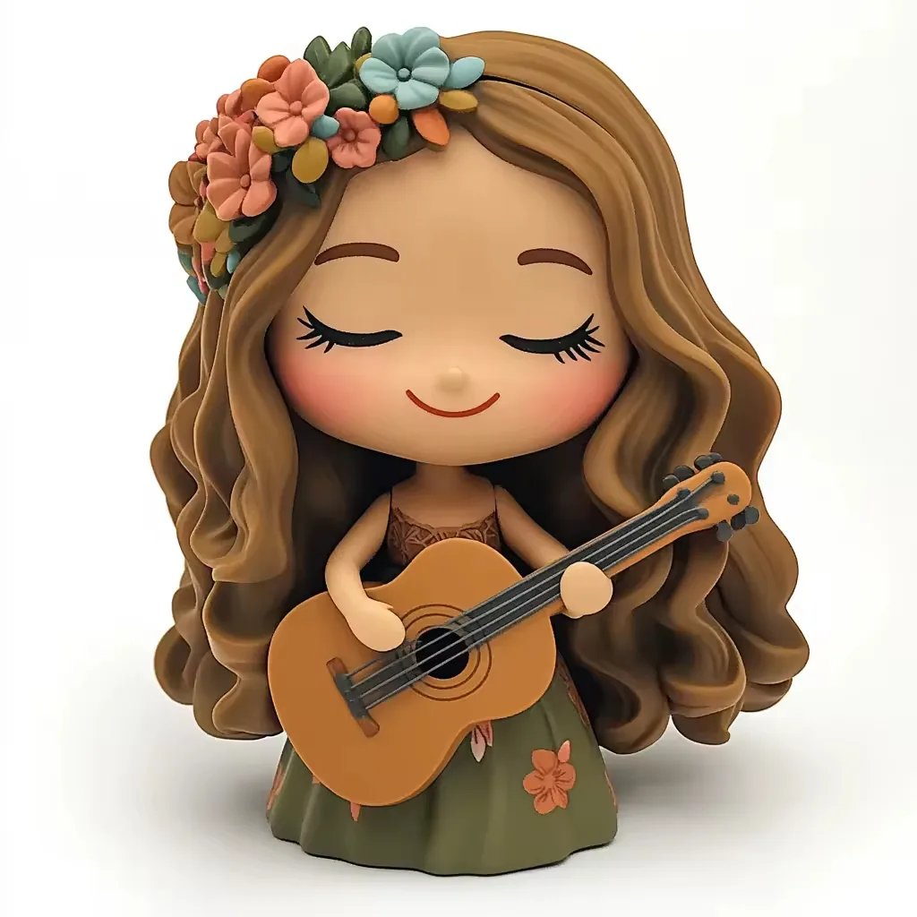 Mini 3D printed girl figure with closed eyes, side flower crown, and olive dress holding an acoustic guitar