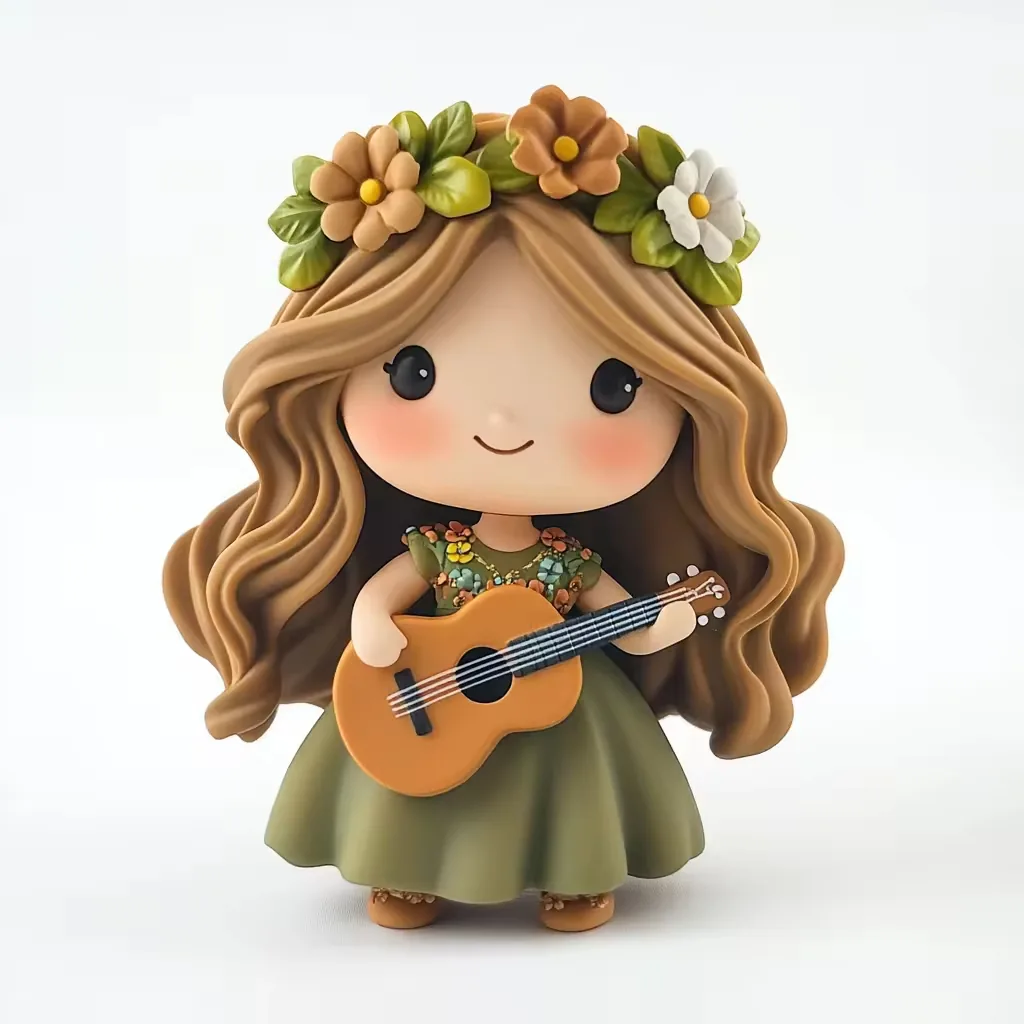 Mini 3D printed girl figure with long wavy hair, green dress, flower crown, and acoustic guitar