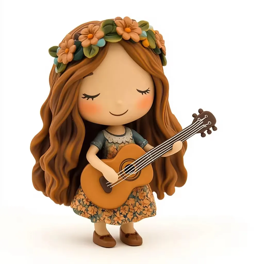 Mini 3D printed girl anime figure standing with orange flower crown, floral dress, and acoustic guitar