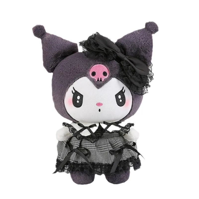 Cutout image of the Kuromi gothic princess plush doll with black bow and plaid lace dress