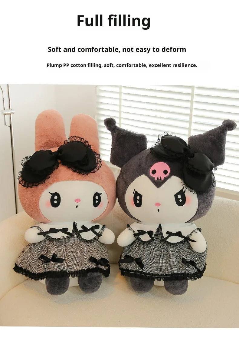 My Melody and Kuromi gothic plush dolls beneath a full filling PP cotton callout