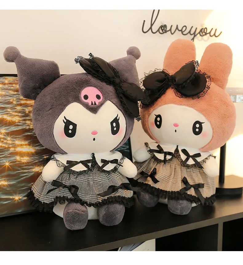 My Melody and Kuromi gothic princess plush dolls in matching plaid lace dresses displayed side by side