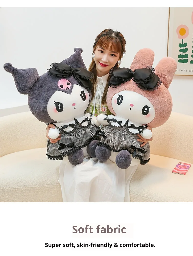 Model holding My Melody and Kuromi gothic plush dolls above a soft fabric callout