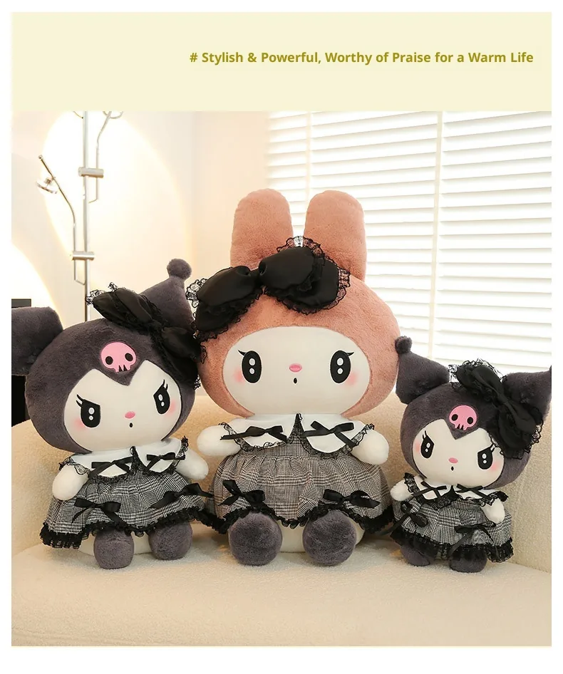 My Melody and Kuromi gothic plush dolls shown as a three-piece family grouping with mixed sizes