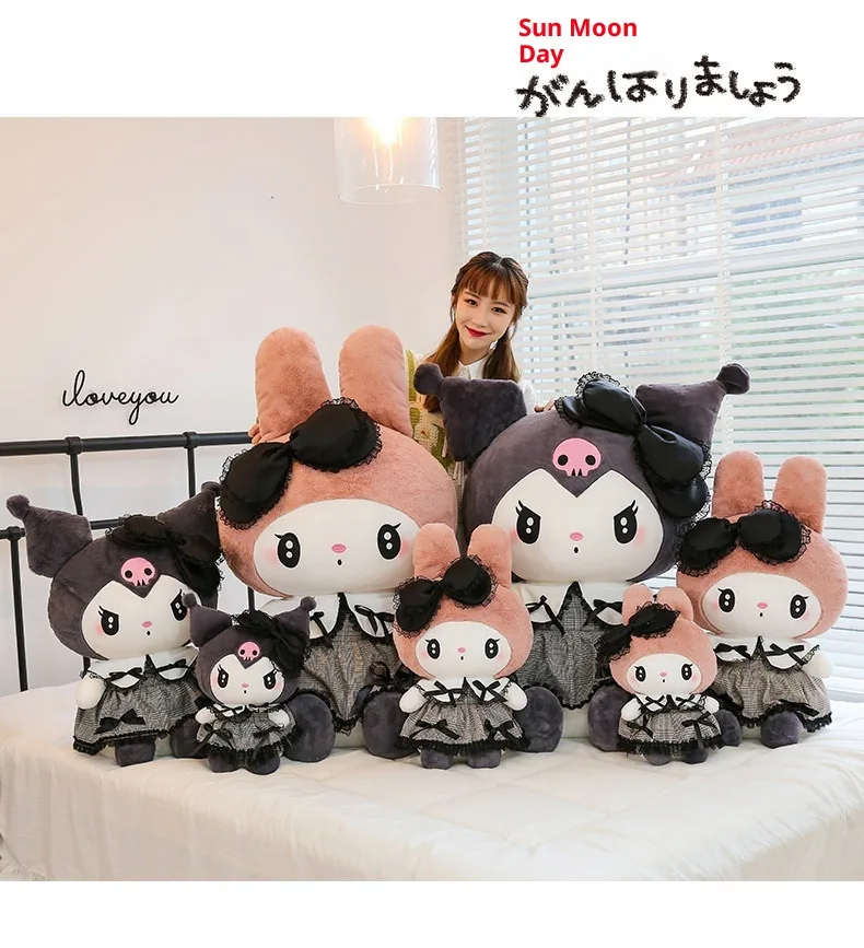 My Melody and Kuromi gothic plush dolls shown in a broader multi-size assortment with a model behind them