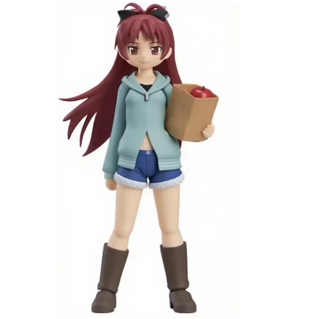 Anime girl PVC figure with mint blue hoodie carrying a paper bag with a red apple