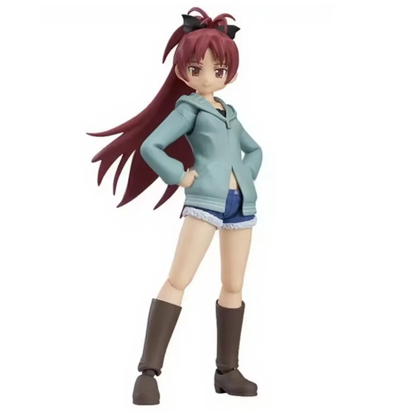 Anime girl PVC figure in a light blue hoodie and denim shorts posing with hands on hips