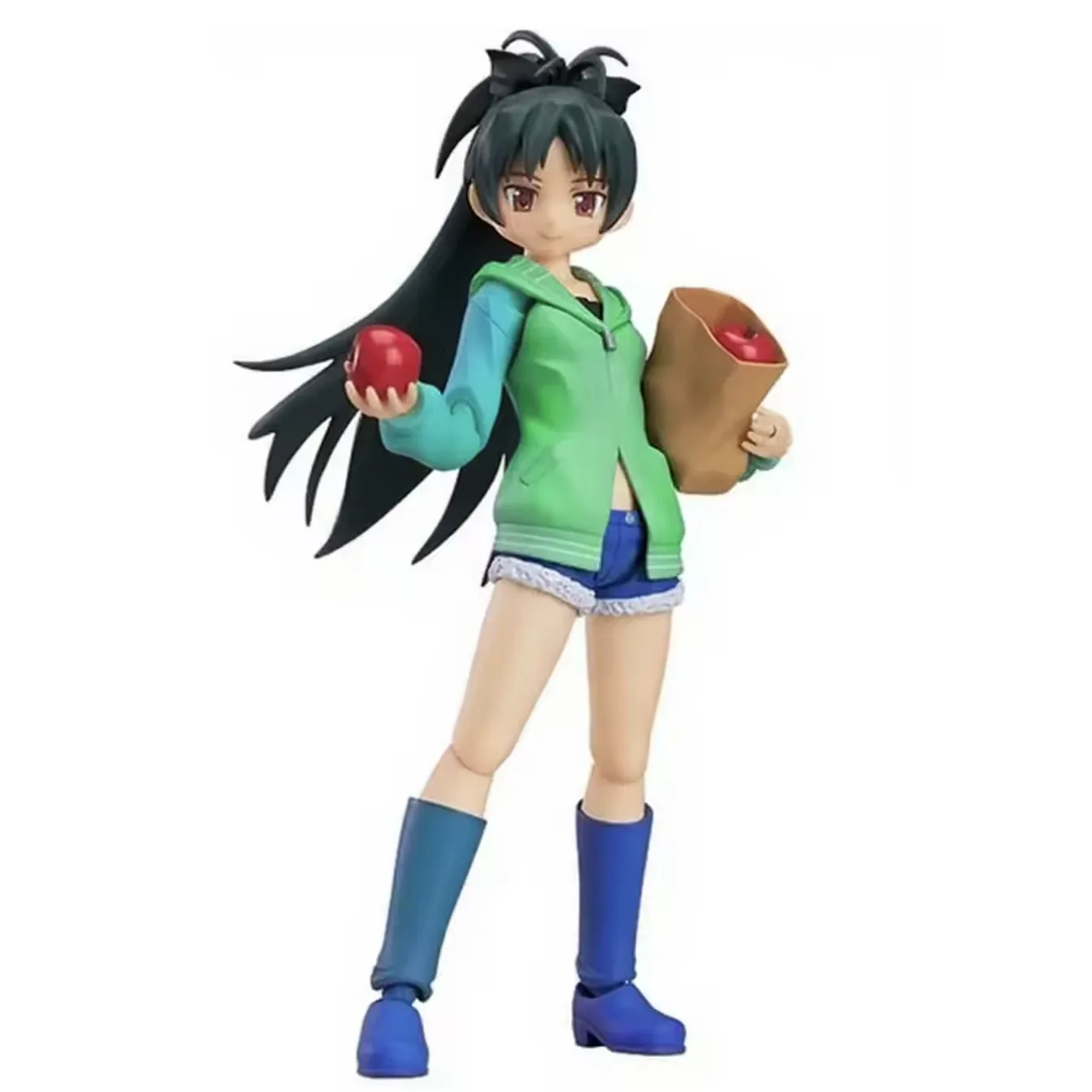 Anime girl PVC figure with dark hair, green hoodie, blue boots, red apple, and paper shopping bag
