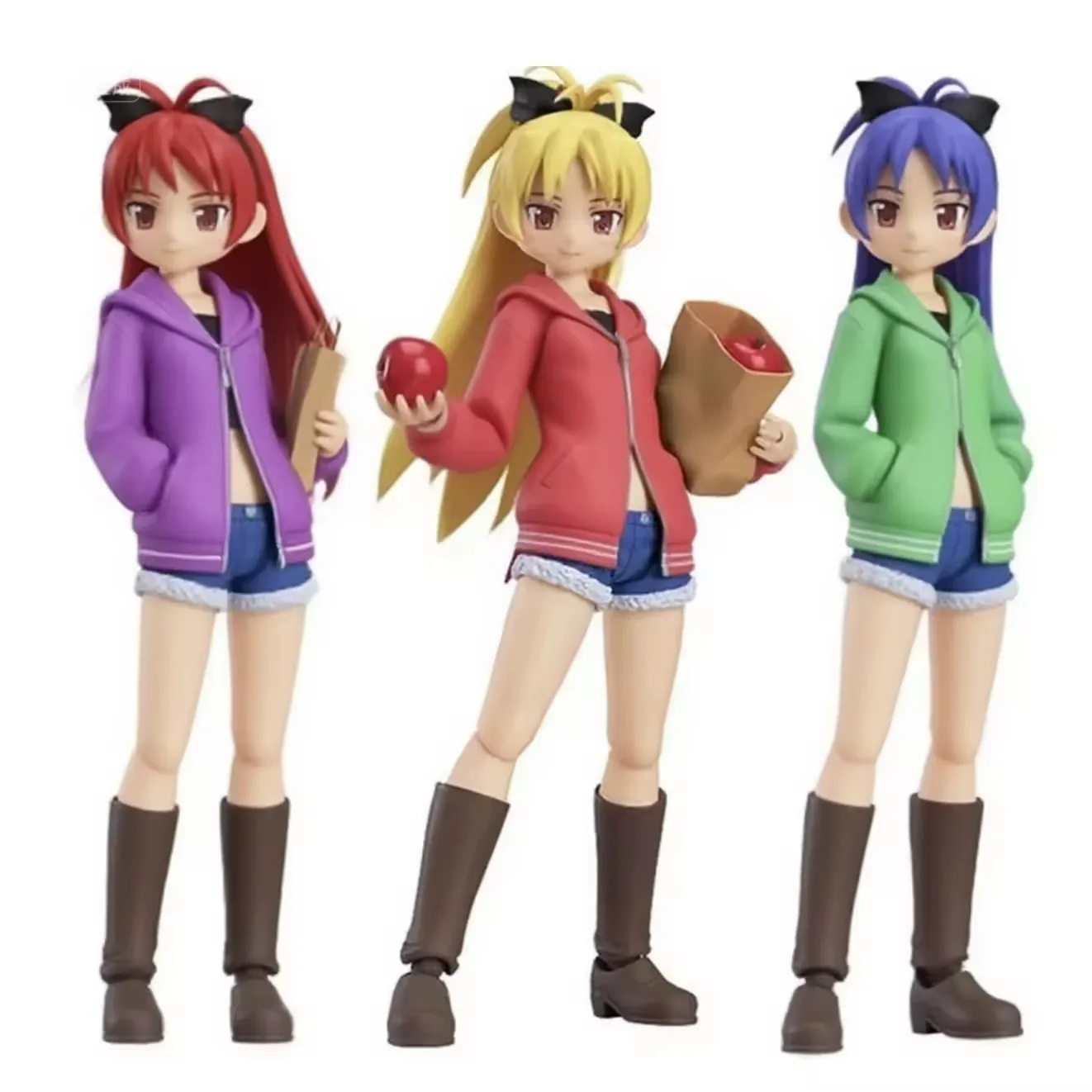 OEM anime girl PVC figure collection showing three color variants in purple, pink, and green hoodies