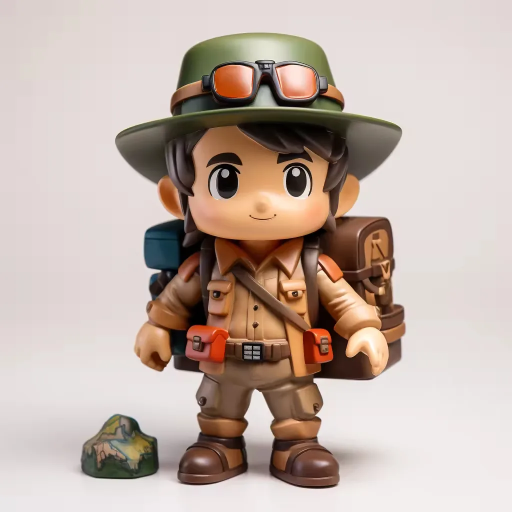 Chibi adventure figurine with olive hat, orange goggles, brown cargo pockets, and a backpack beside a small terrain marker