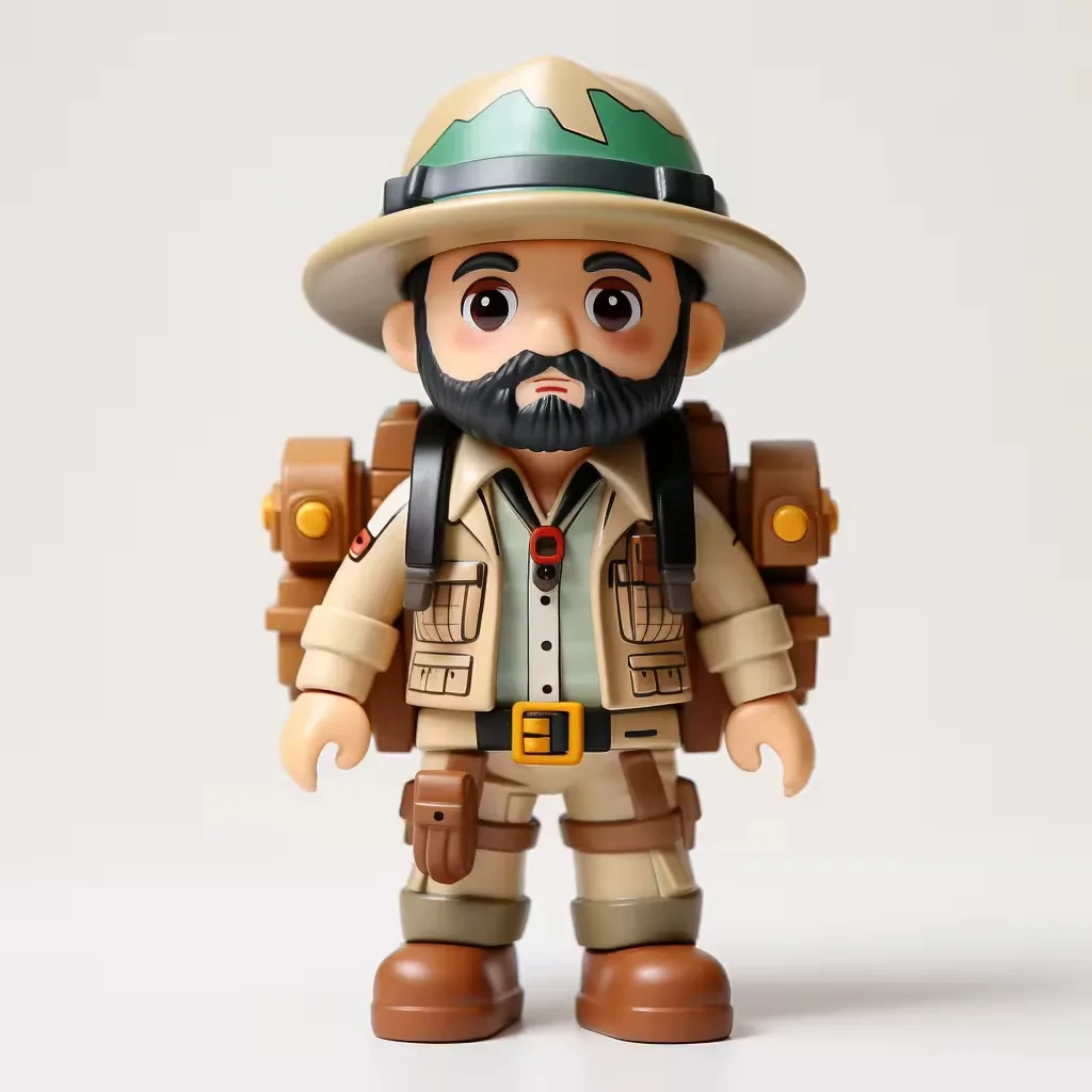 Bearded expedition PVC figurine with cream safari uniform, mountain-print hat band, and large travel backpack