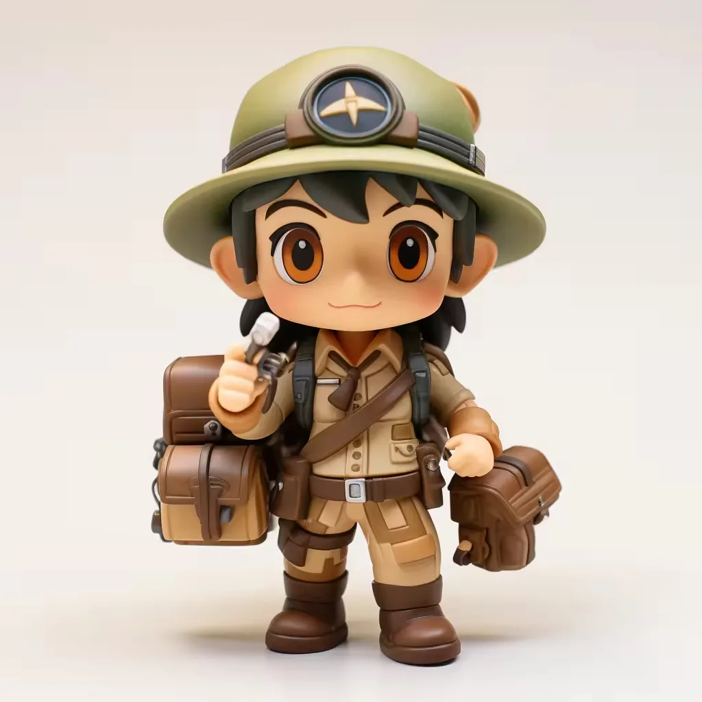 Chibi ranger PVC figurine with olive safari hat, compass badge, luggage accessories, and tan uniform