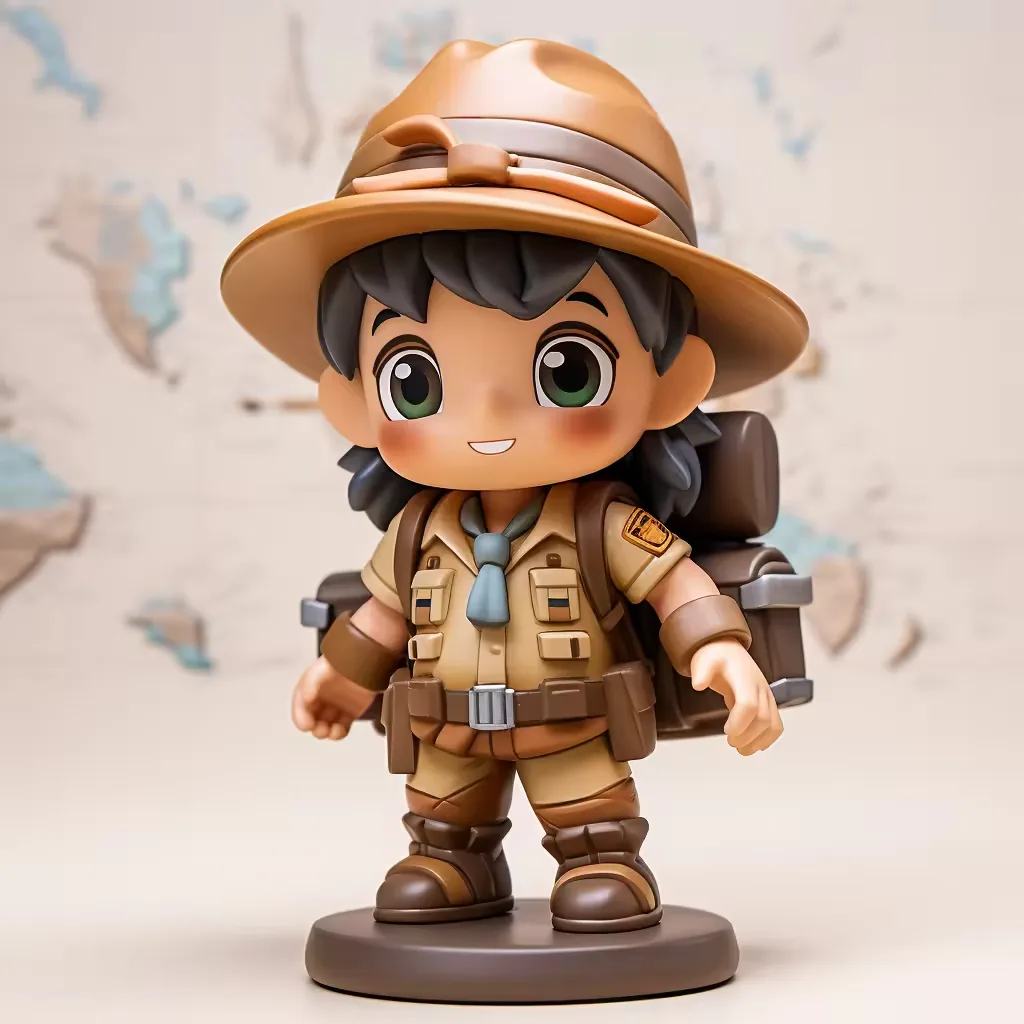 Chibi scout PVC figurine on a round display base with tan hat, neckerchief, and map backdrop