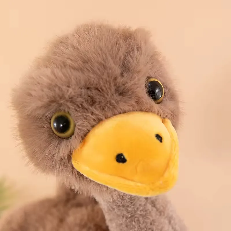 Close-up of the ostrich plush doll face with fluffy brown head and soft yellow beak