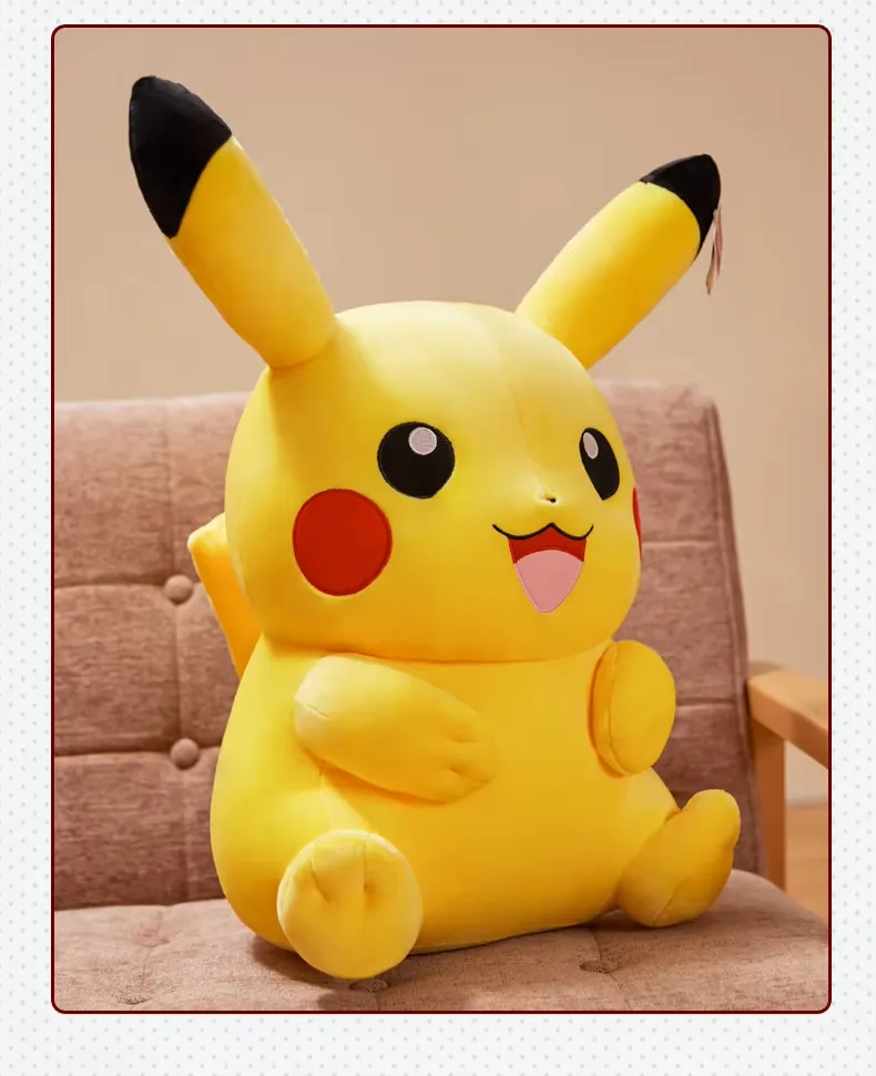 Large Pikachu plush doll seated on a chair to show the oversized comfort-plush silhouette