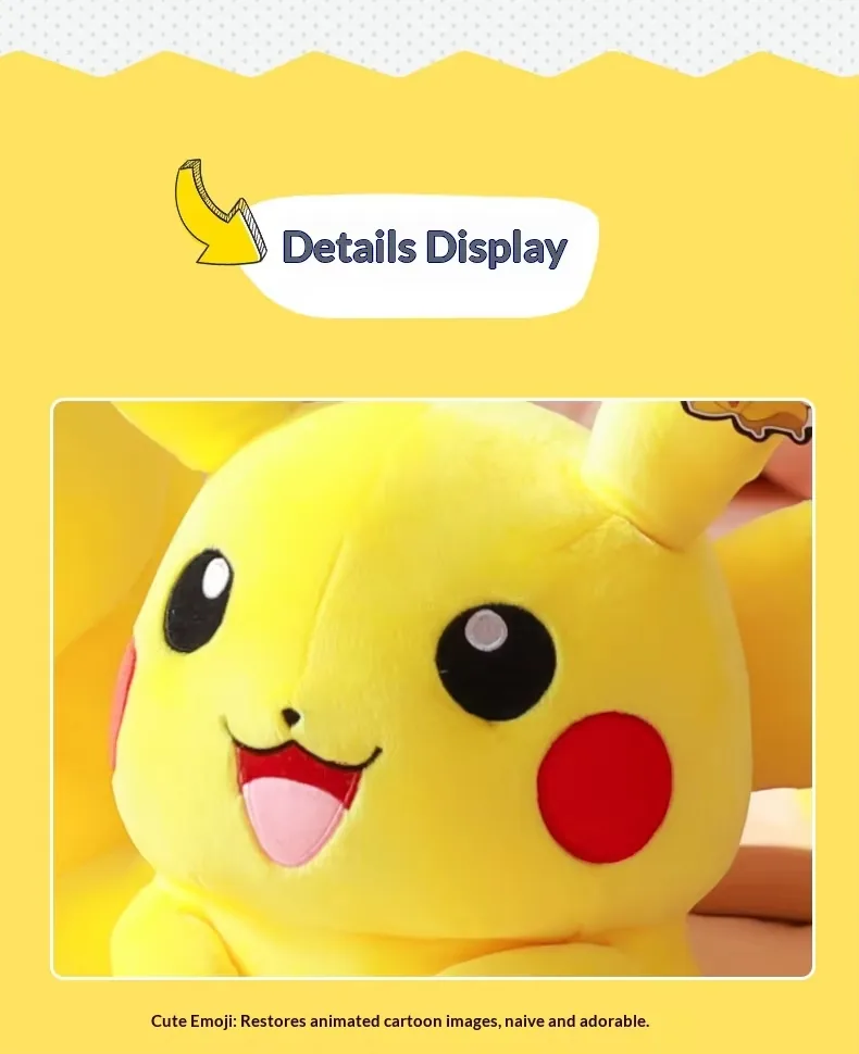 Close-up of the Pikachu plush doll face embroidery with bright eyes, smile, and red cheek patches