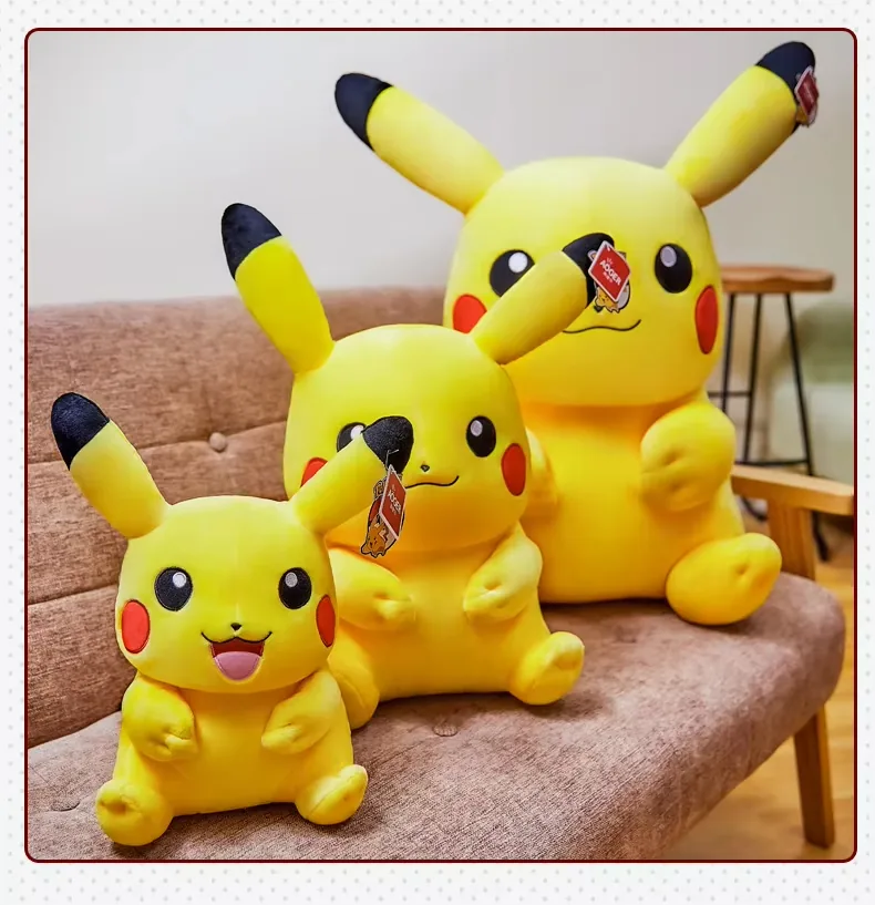 Three Pikachu plush dolls displayed together in a size lineup for character comfort plush programs