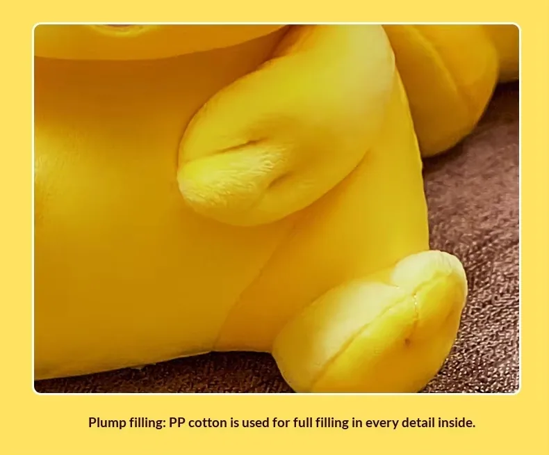 Close-up of the Pikachu plush doll body showing plump PP cotton filling in the arm and leg area