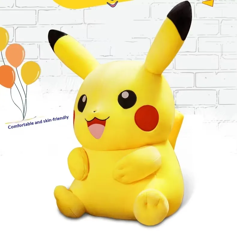Single Pikachu plush doll shown in a bright catalog scene with skin-friendly comfort positioning