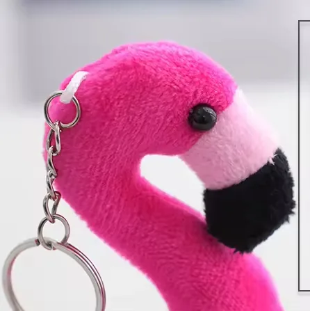 Close-up of the hot pink flamingo keychain plush face with black beak and bead eye