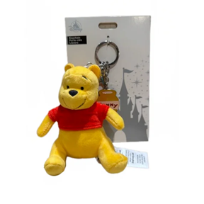 Mini bear plush keychain attached to a metal ring and retail backing card