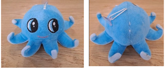 Blue plush octopus shown from the front and back, including a suction cup accessory on the back