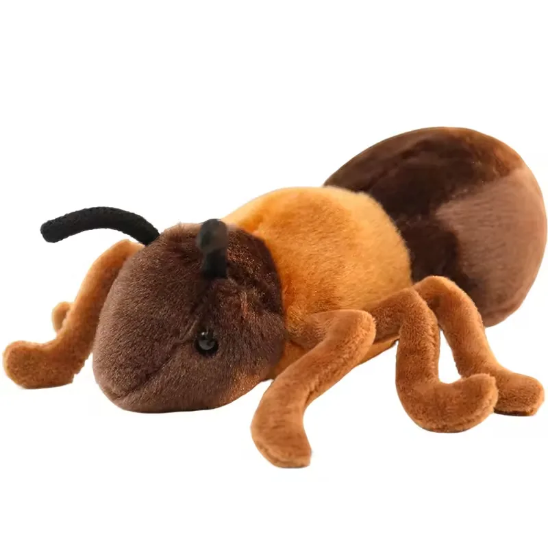 Realistic ant plush toy on a white background with curved black antennae, soft brown legs, and a segmented brown-and-amber body